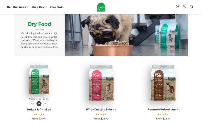 Open Farm Products page on desktop