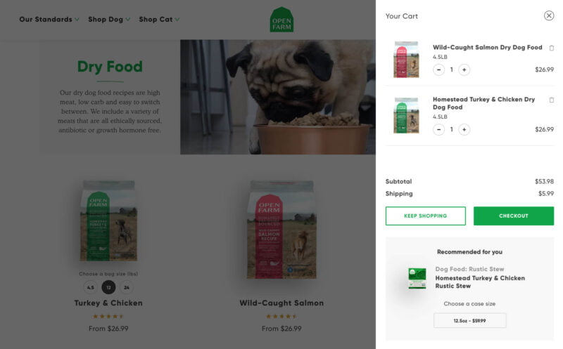 Open Farm Products page with cart on desktop