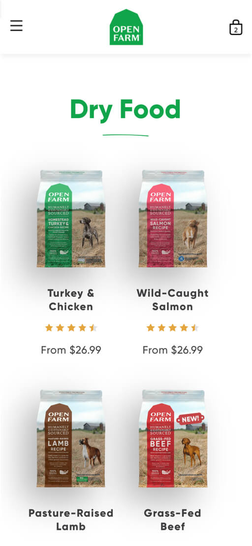 Open Farm Products page on mobile